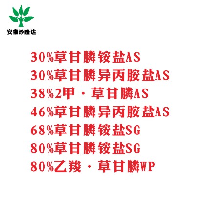 30%草甘膦銨鹽AS， 30%草甘膦異丙胺鹽AS， 38%2甲·草甘膦AS， 46%草甘膦異丙胺鹽AS， 68%草甘膦銨鹽SG，80%草甘膦銨鹽SG ，80%乙羧·草甘膦WP